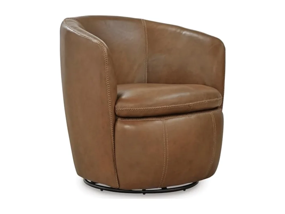 Modern Top Grain Leather Swivel Barrel Chair