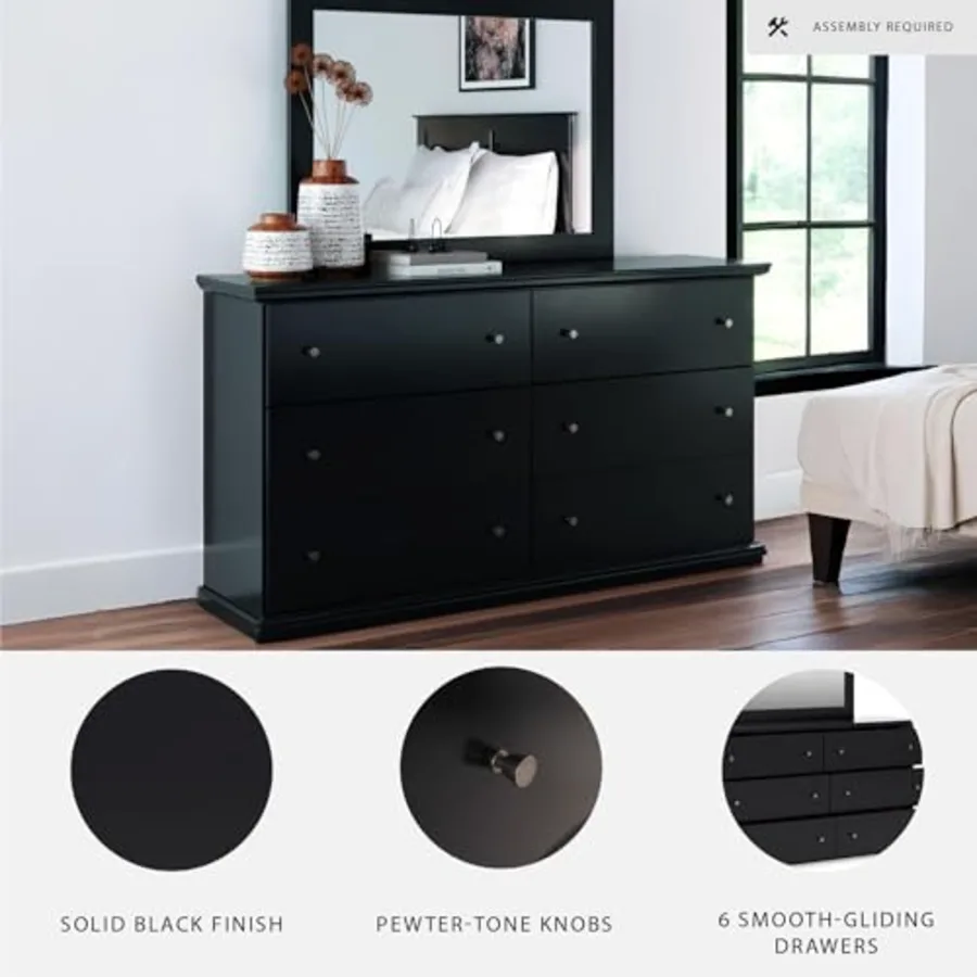6-Drawer Black Dresser with Mirror for Bedroom view 4