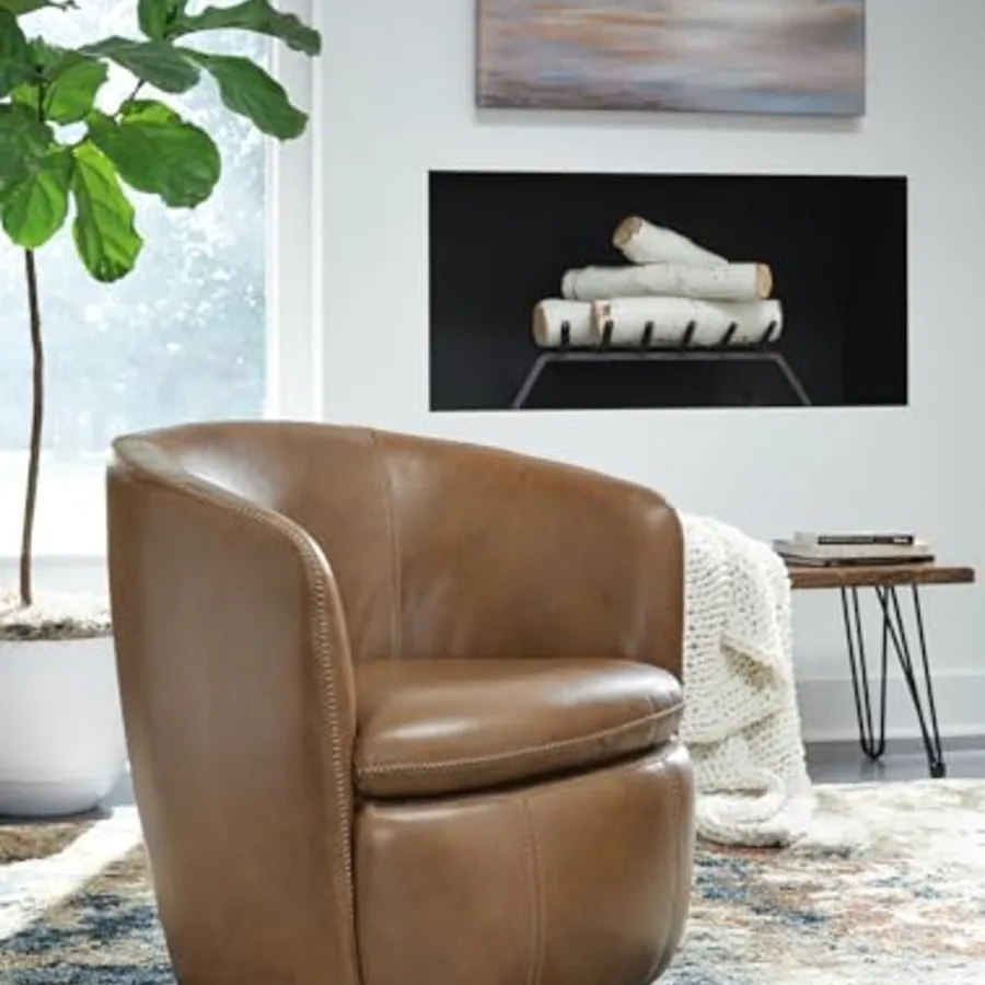 Modern Top Grain Leather Swivel Barrel Chair view 2