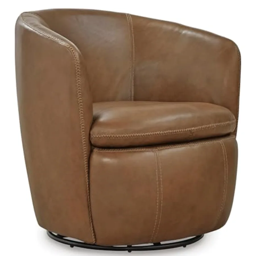 Modern Top Grain Leather Swivel Barrel Chair