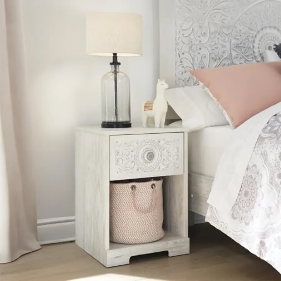 Paxberry Nightstand Whitewash Bedside Table with Drawer view 2