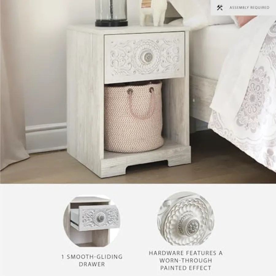 Paxberry Nightstand Whitewash Bedside Table with Drawer view 4