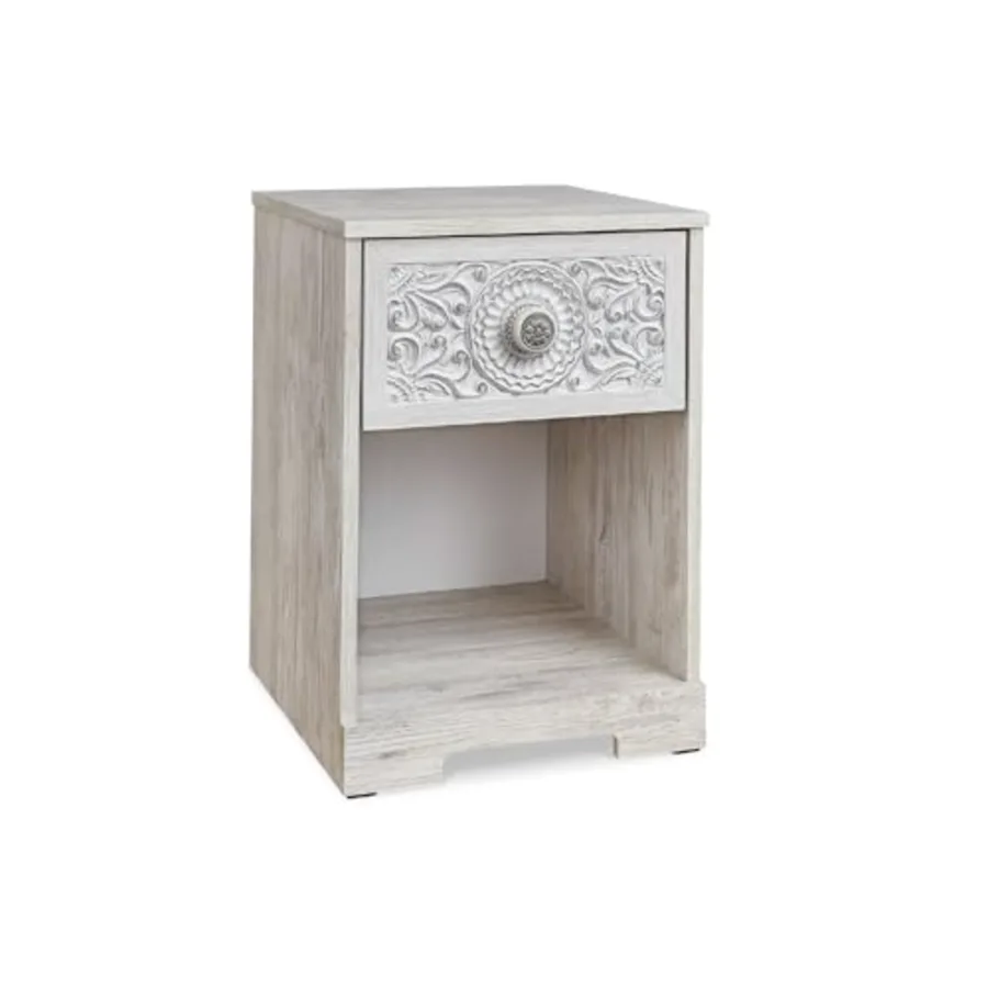 Paxberry Nightstand Whitewash Bedside Table with Drawer