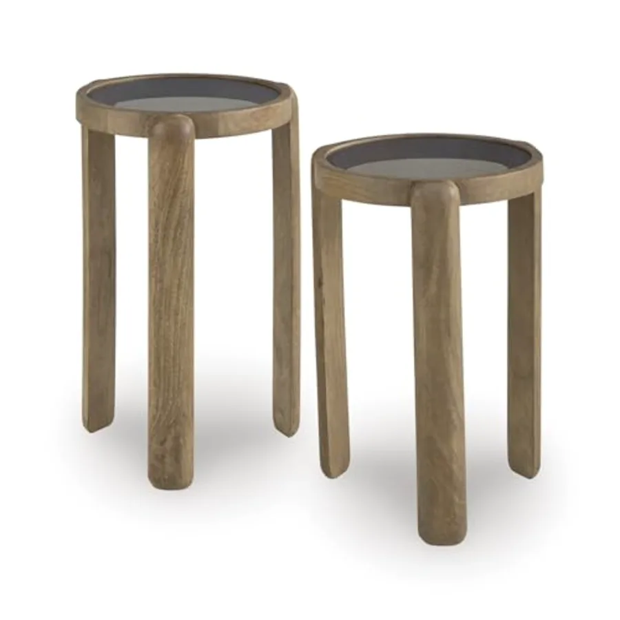 Round Nesting Mango Wood End Table Set of 2