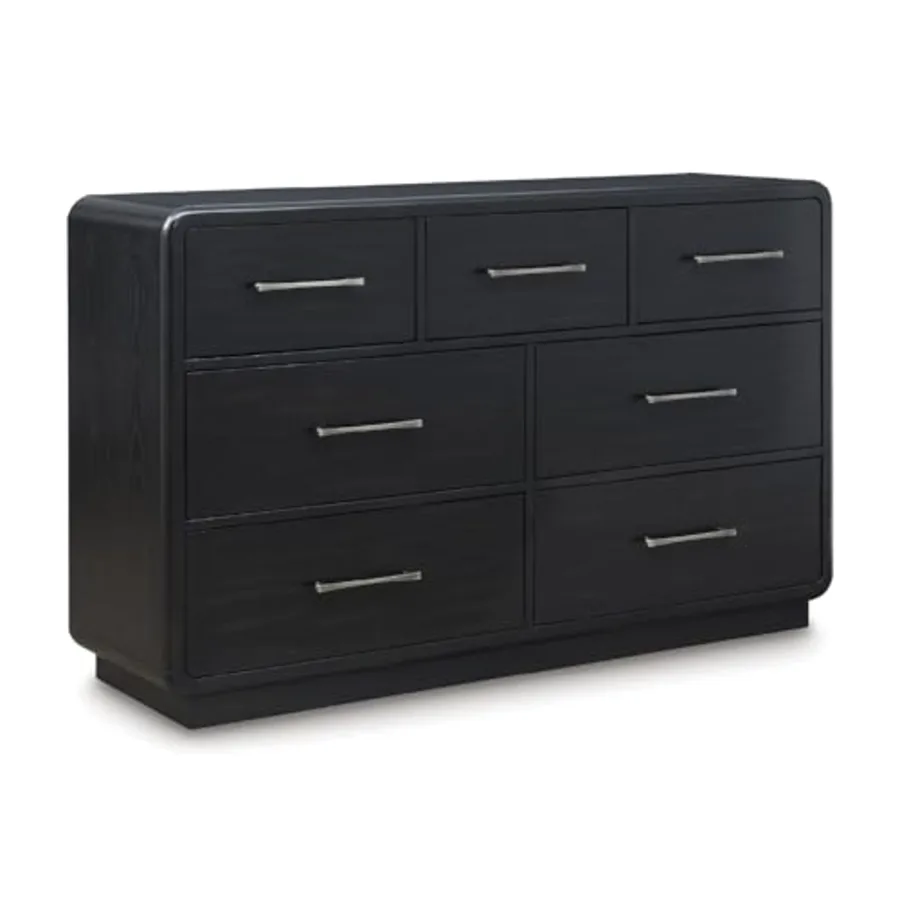 Rowanbeck Dresser Black Wood 7 Drawer Chest for Bedroom
