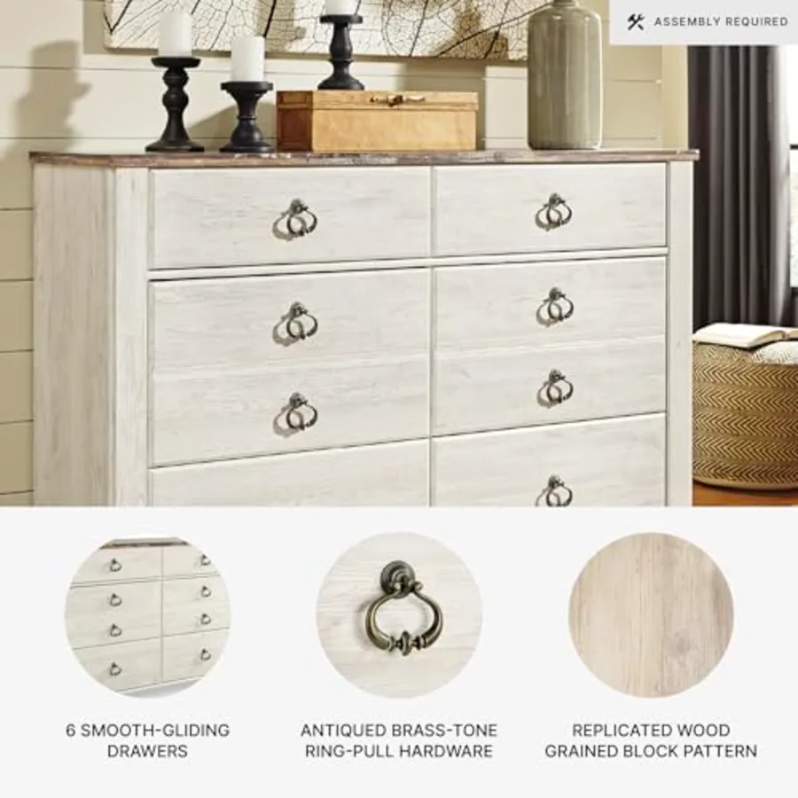 Willowton Coastal Cottage 6 Drawer Dresser with Faux Plank Top view 4